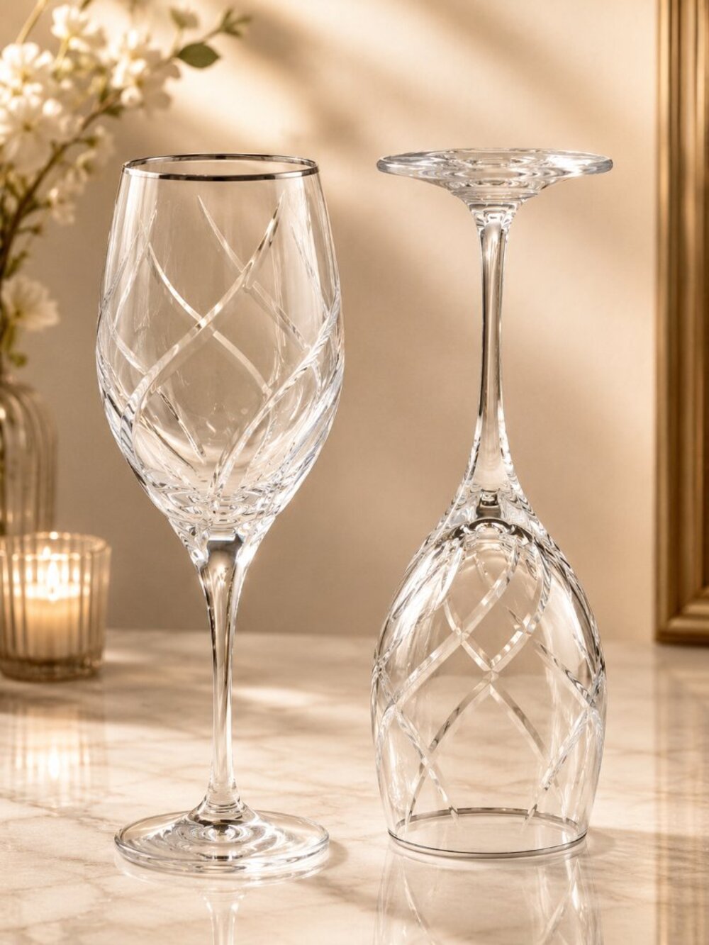Mikasa Olympus Platinum Crystal Wine Glasses Set 5 Silver Rim Discontinued